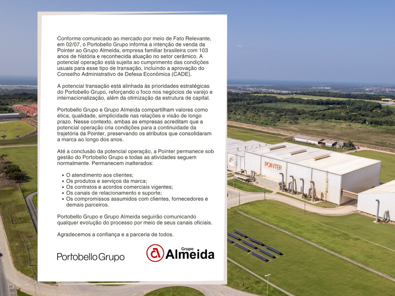 Portobello Grupo informa a intenção de venda da Pointer ao Grupo Almeida